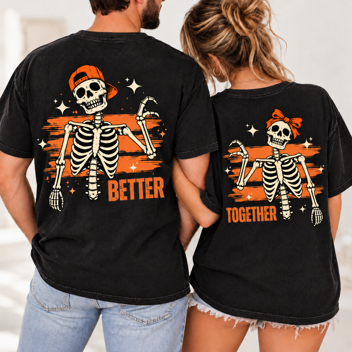 Matching Skeleton Better Together Couples Halloween Shirts - Custom Name Couple Tees