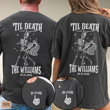 Personalized Til Death And Beyond Skeleton Couple Shirts, Custom Last Name Wedding Date Tees, Mr & Mrs Halloween Wedding Shirts, Newlywed Gift