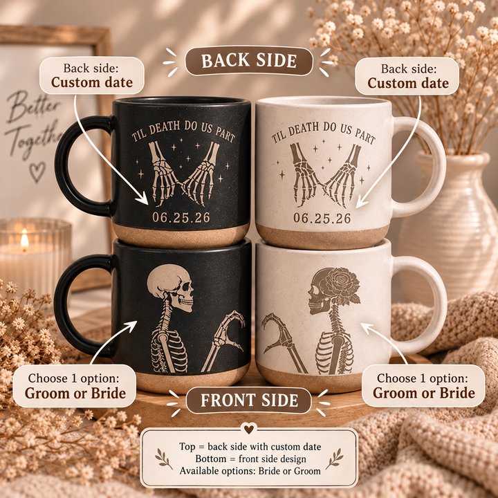 Engraved Halloween Couple Mug, Til Death Do Us Part Ceramic Mug, Matching Skeleton Mug Set, Gothic Couples Gift, Anniversary Mug