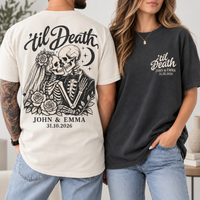 Personalized Til Death Couple Shirts, Custom Skeleton Wedding Tees, Names & Date Gothic Bride Groom Shirts