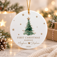 Personalized First Christmas Married Ornament, Custom Couple Names and Wedding Date, Round or Heart Ornament, Newlywed Gift
