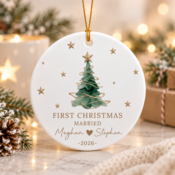 Personalized First Christmas Married Ornament, Custom Couple Names and Wedding Date, Round or Heart Ornament, Newlywed Gift