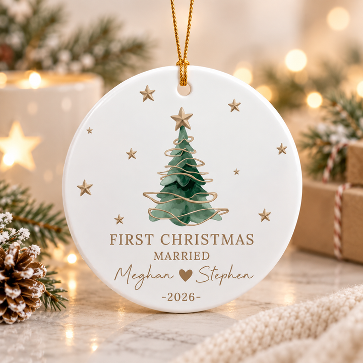 Personalized First Christmas Married Ornament, Custom Couple Names and Wedding Date, Round or Heart Ornament, Newlywed Gift