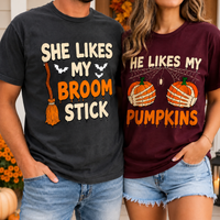 She Likes My Broomstick Shirt He Likes My Pumpkins Shirt Funny Halloween Couples Outfit Spooky Season Matching T-shirts Risqué Adult Humor