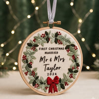 Personalized First Christmas Married Embroidery Hoop Ornament, Mr & Mrs Christmas Keepsake, Newlywed Wedding Gift
