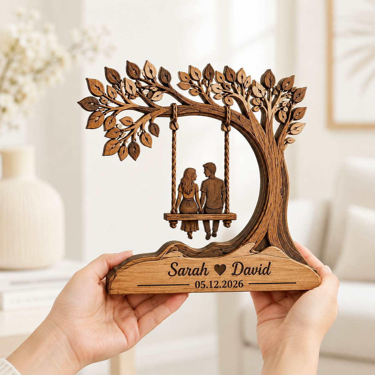 Personalized Couple Tree Wooden Block, Custom Anniversary Gift for Couples, Romantic Wooden Plaque, Wedding Gift, Home Decor
