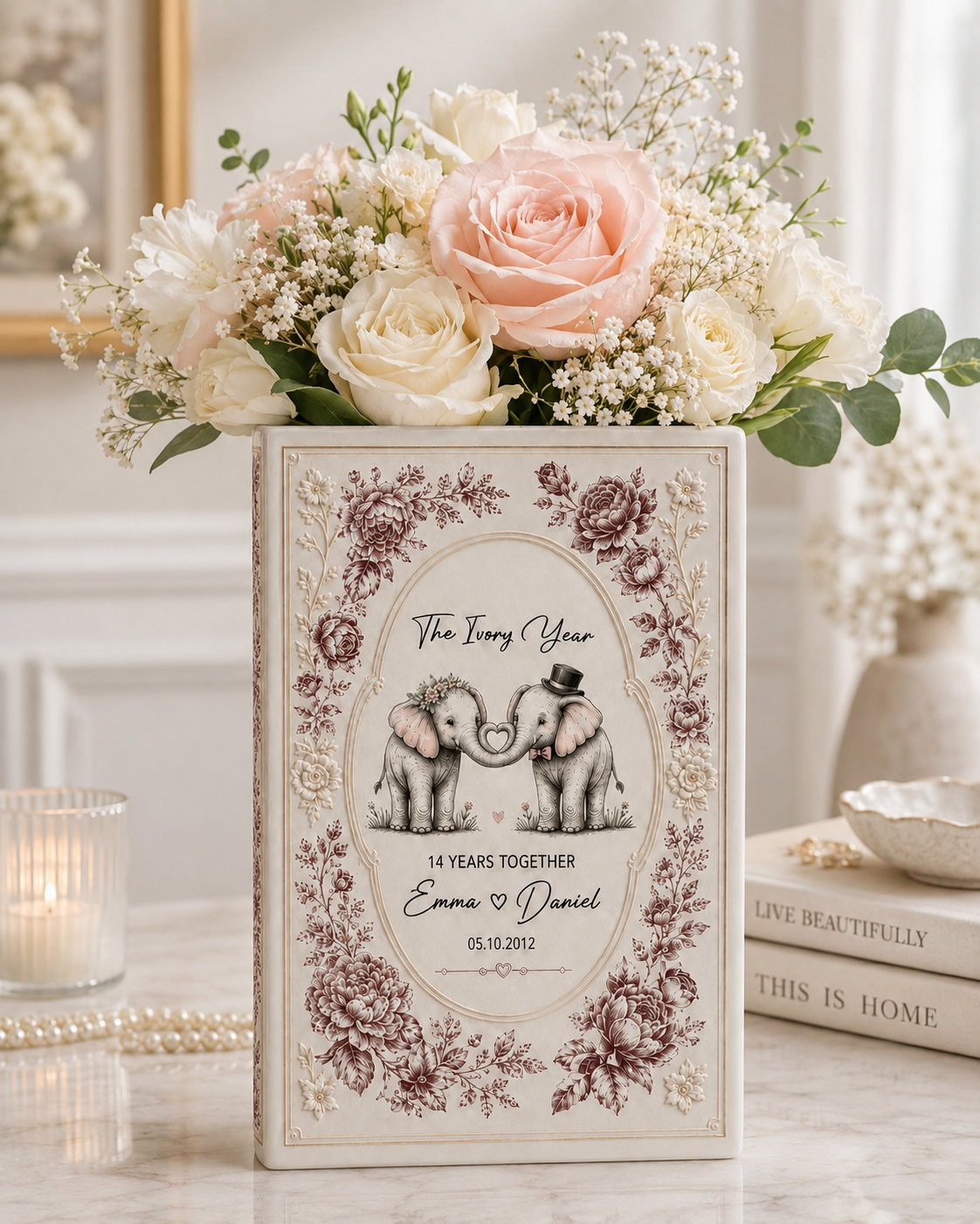Personalized Elephant Couple Vase & Jewelry Dish, Custom Wedding Anniversary Gift, Romantic Love Story Keepsake Set