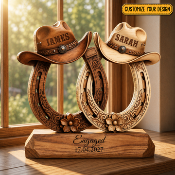 Custom Western Couple Wood Decor, Personalized Cowboy Hat Horseshoe Sign, Rustic Engagement Centerpiece, Bride And Groom Gift