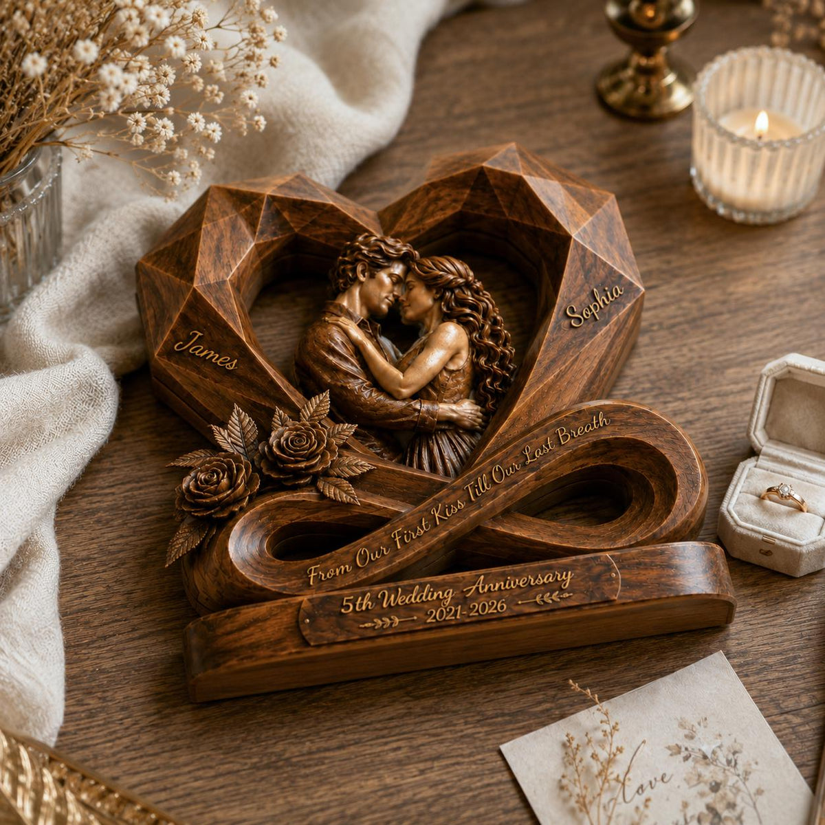 Personalized Couple Photo Infinity Heart Wooden Block, Custom Anniversary Gift image 5
