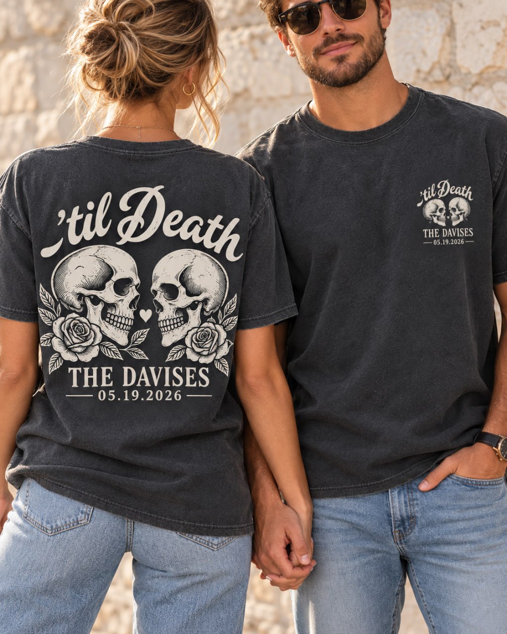 Charcoal 'Til Death couple shirt front and back