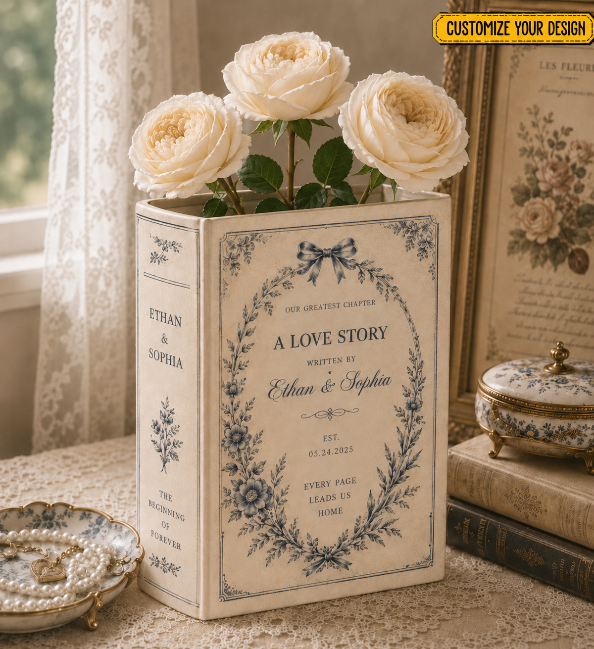 Personalized Ceramic Book Vase, Custom Wedding Book Flower Vase, Couple Anniversary Gift, Literary Home Decor, Bridal Shower Keepsake