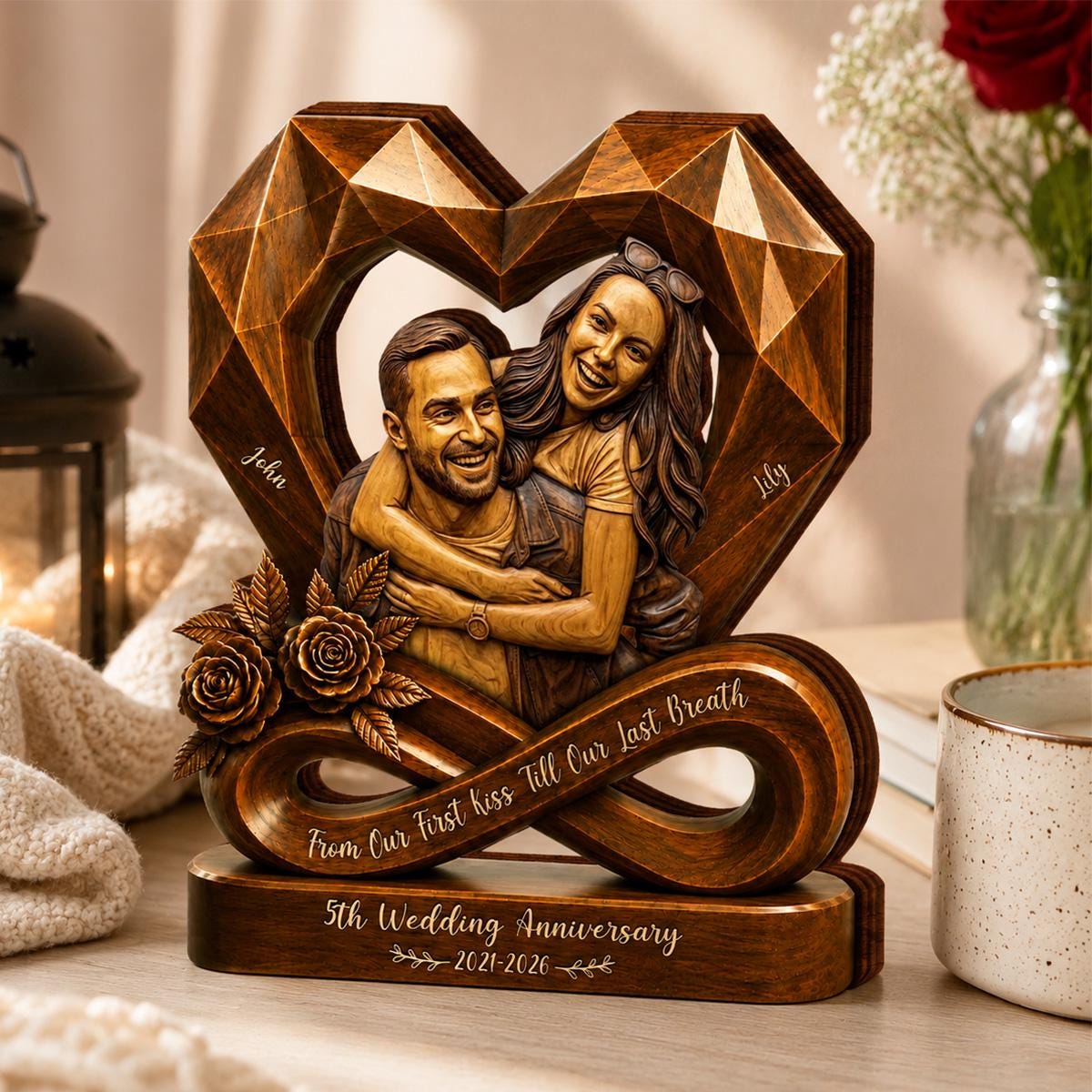 Personalized couple photo wooden heart plaque mockup 5