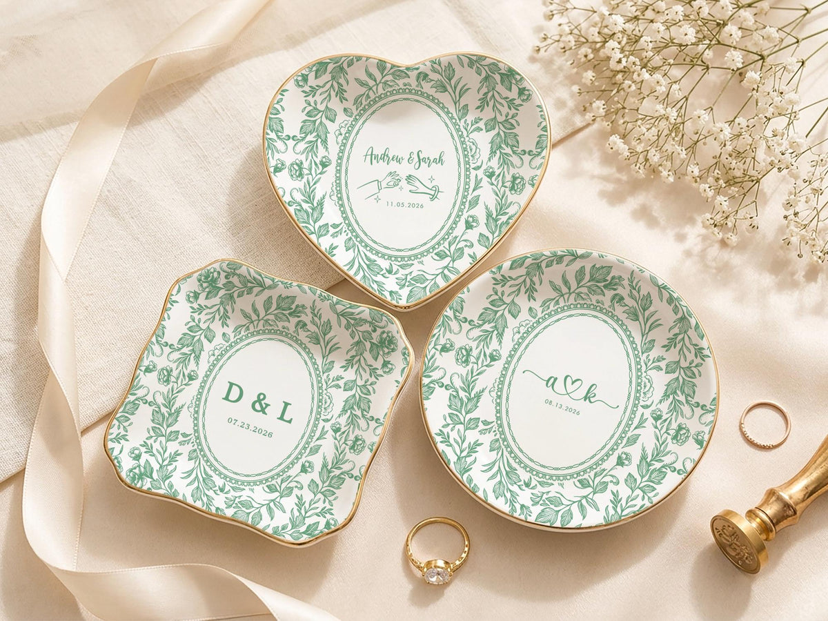 Personalized Toile Wedding Jewelry Dish, Custom Initials Ceramic Ring Dish image 5