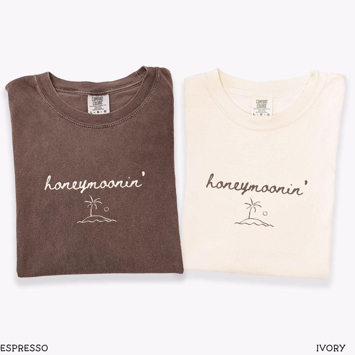 Honeymoonin' Comfort Colors tees in Espresso and Ivory