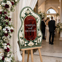 Emerald Green Floral Stained Glass Wedding Welcome Sign, Custom Couple Names, Text and Date, Personalized Reception Decor