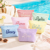 Custom name seersucker cosmetic bags in multiple pastel colors