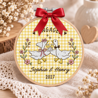 Personalized Embroidered Wedding Goose Ornament, Custom Names Year, First Christmas Hoop, Funny Engagement Gift,Silly Geese Engaged Keepsake