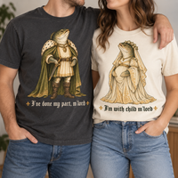 Medieval frog pregnancy announcement couple shirt mockup 4