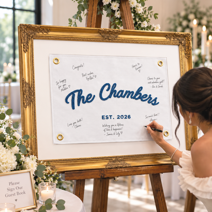 Custom Embroidered Last Name Pennant – Wedding Guest Book Alternative