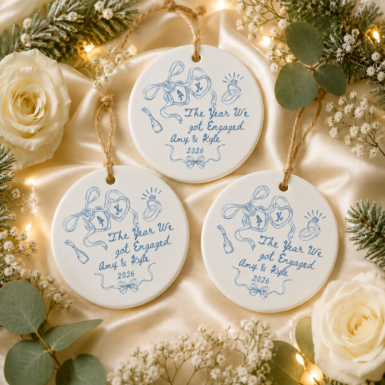 Personalized Engagement Ceramic Ornament, Custom Names & Year Keepsake for Couples, The Year We Got Engaged Gift for Bride-to-Be