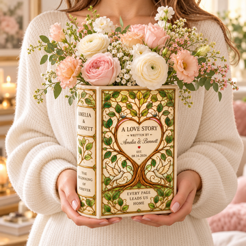Personalized Love Story wedding book vase with flowers held as a couple gift