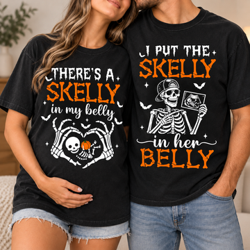 Skelly in My Belly Halloween Pregnancy Couple Shirts