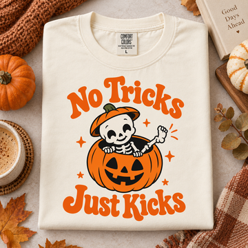 No Tricks Just Kicks Halloween Shirt – Baby Skeleton Pumpkin Tee