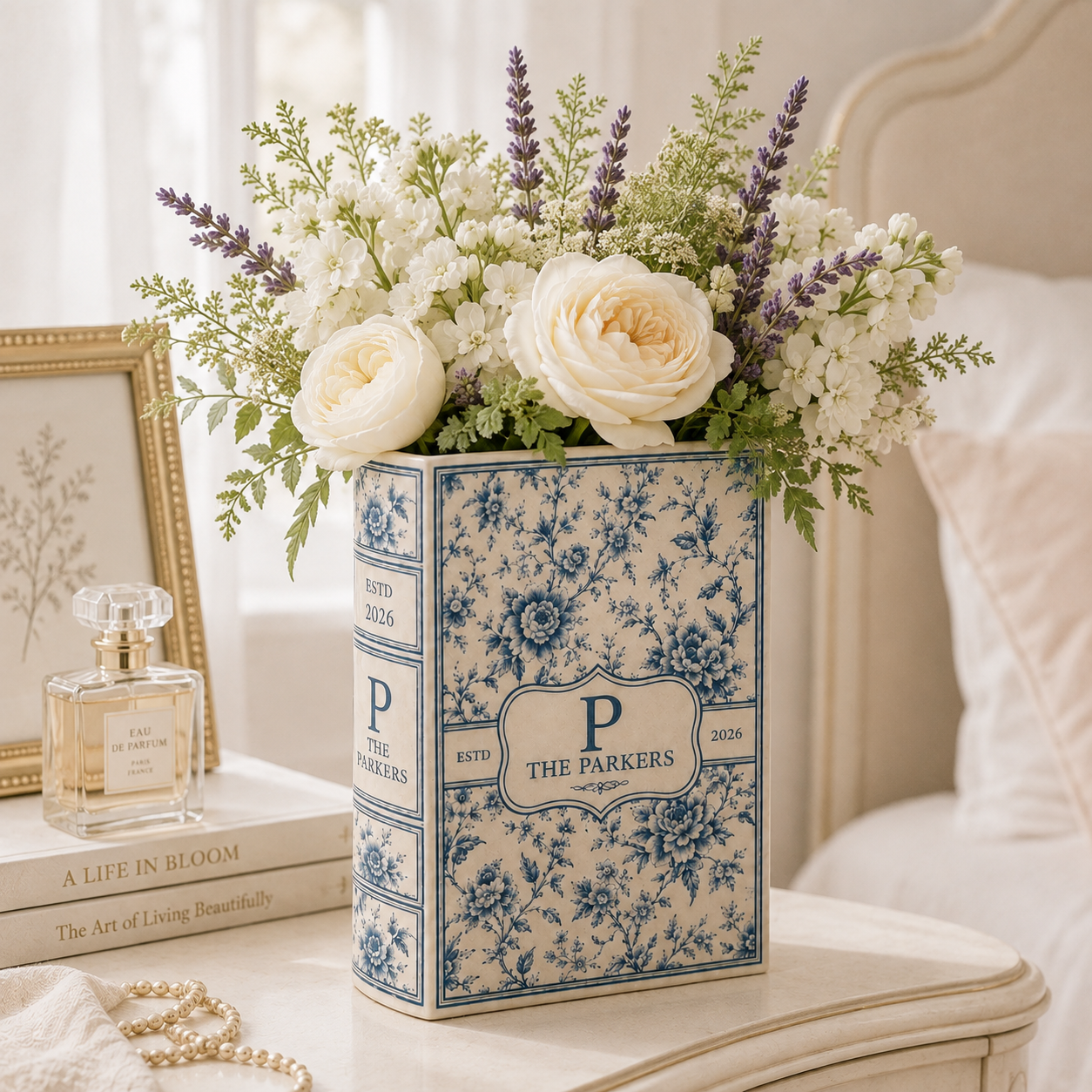 Custom Toile Monogram Ceramic Book Vase, Last Name Floral Vase, Housewarming Gift for Newly Married Couple Family Keepsake