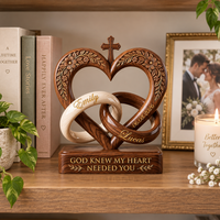 Personalized Christian Heart Cross Wooden Block, Custom Names & Wedding Date, Interlocking Rings Wedding Keepsake, Anniversary Gift for Couple