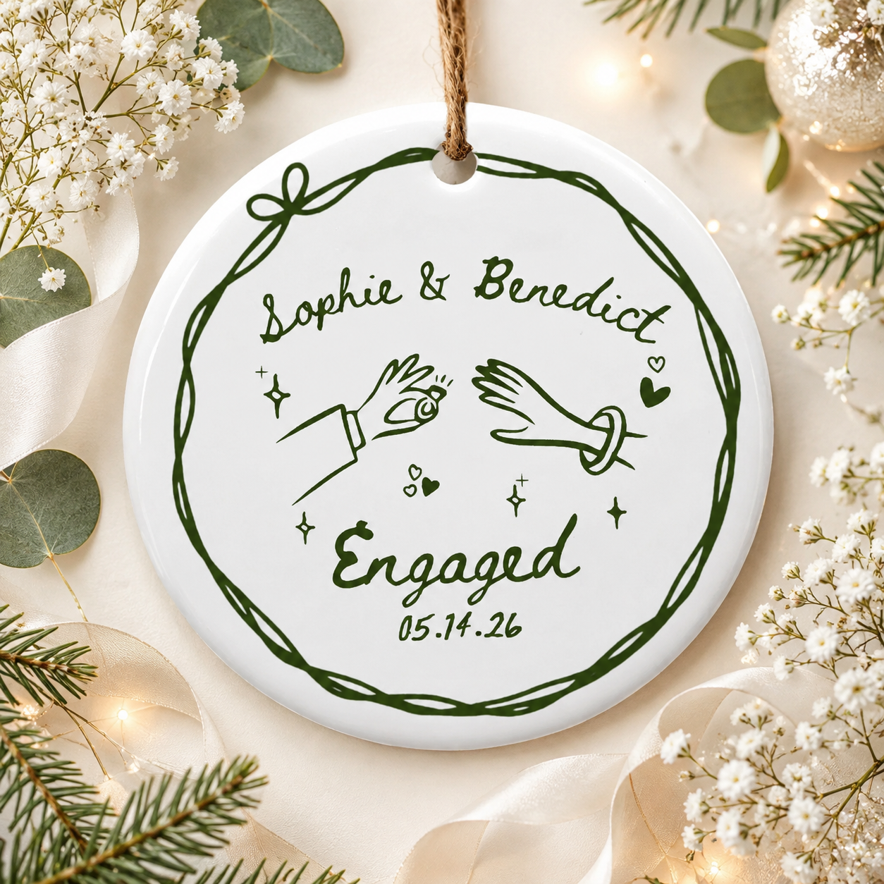 Personalized Engagement Ceramic Ornament for Couples, Custom Names & Date Keepsake, Wedding Gift for Bride & Groom