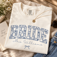 Custom Blue Toile Bride Shirt, Personalized Mrs Name Tee, Chinoiserie Bride Shirt, Bridal Shower Gift
