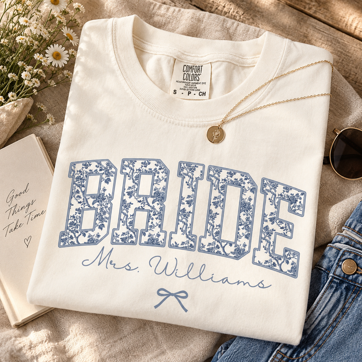 Custom Blue Toile Bride Shirt, Personalized Mrs Name Tee, Chinoiserie Bride Shirt, Bridal Shower Gift