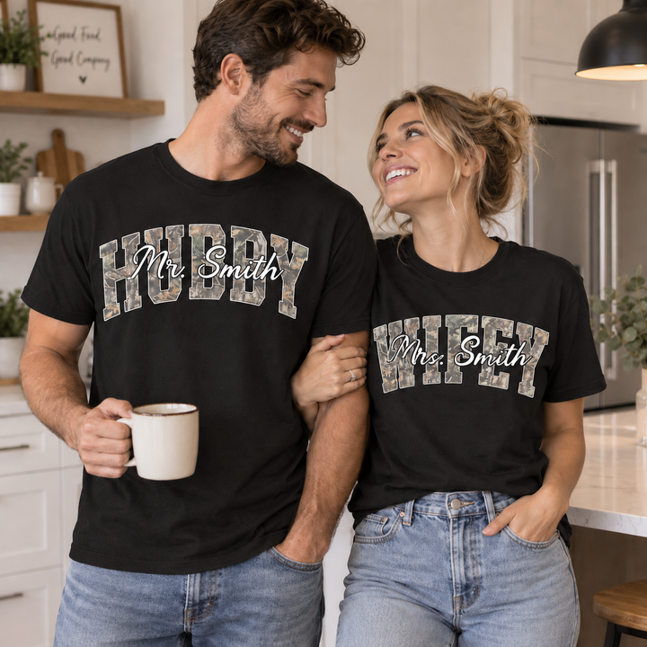 Wifey Hubby Camo Shirts, Personalized Wife and Husband Tees, Custom Name Newlywed Gift, Couple Just Married Matching TShirt