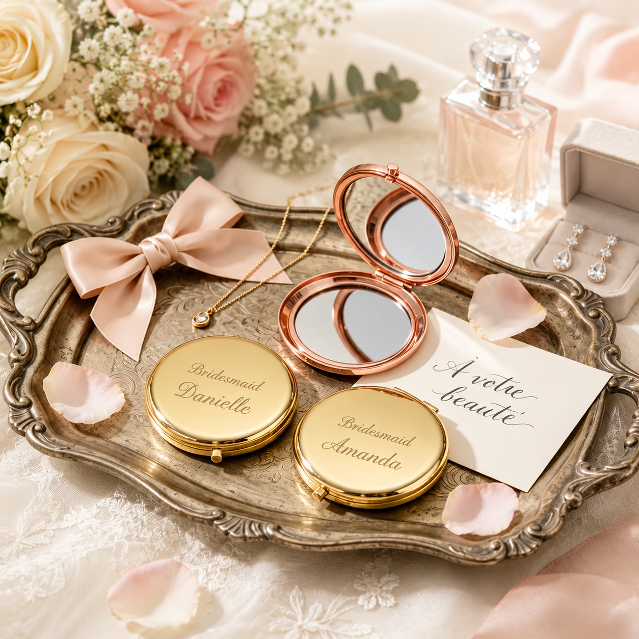 Personalized Gold Compact Mirror for Bridesmaids, Custom Engraved Monogram Pocket Makeup Mirror