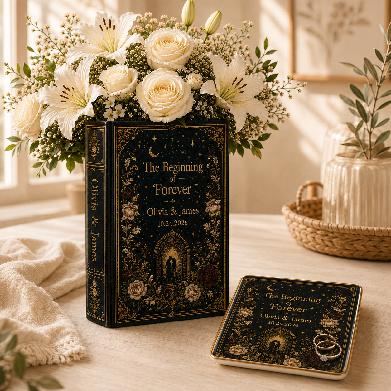 Custom Wedding Book Vase, Personalized Couple Name Flower Vase, Gothic Floral Ceramic Book Vase