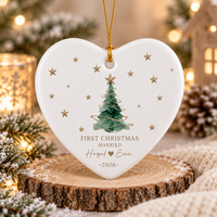 Personalized First Christmas Married Ornament, Custom Couple Names and Wedding Date, Round or Heart Ornament, Newlywed Gift