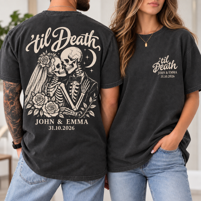 Personalized Til Death Bride & Groom Shirts – Names & Date Gothic Tees