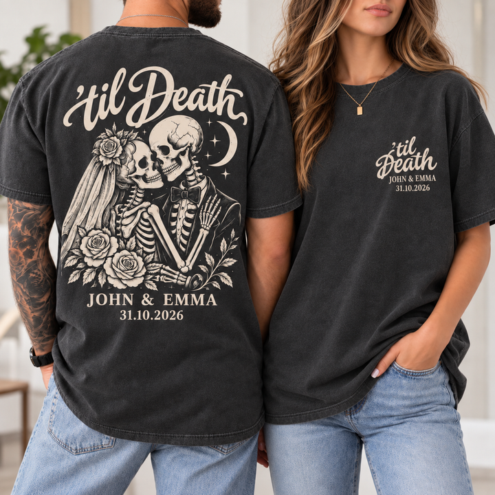 Personalized Til Death Couple Shirts, Custom Skeleton Wedding Tees, Names & Date Gothic Bride Groom Shirts