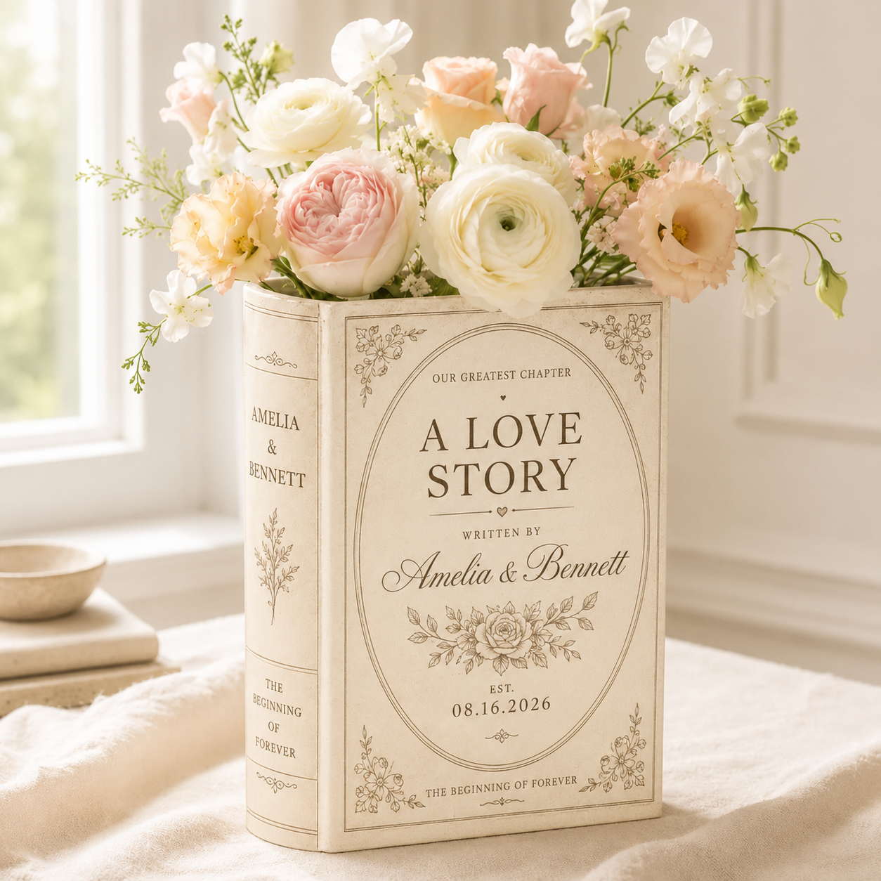 Personalized Ceramic Book Vase, Custom Wedding Love Story Flower Vase With Names,  Couple Decor Gift