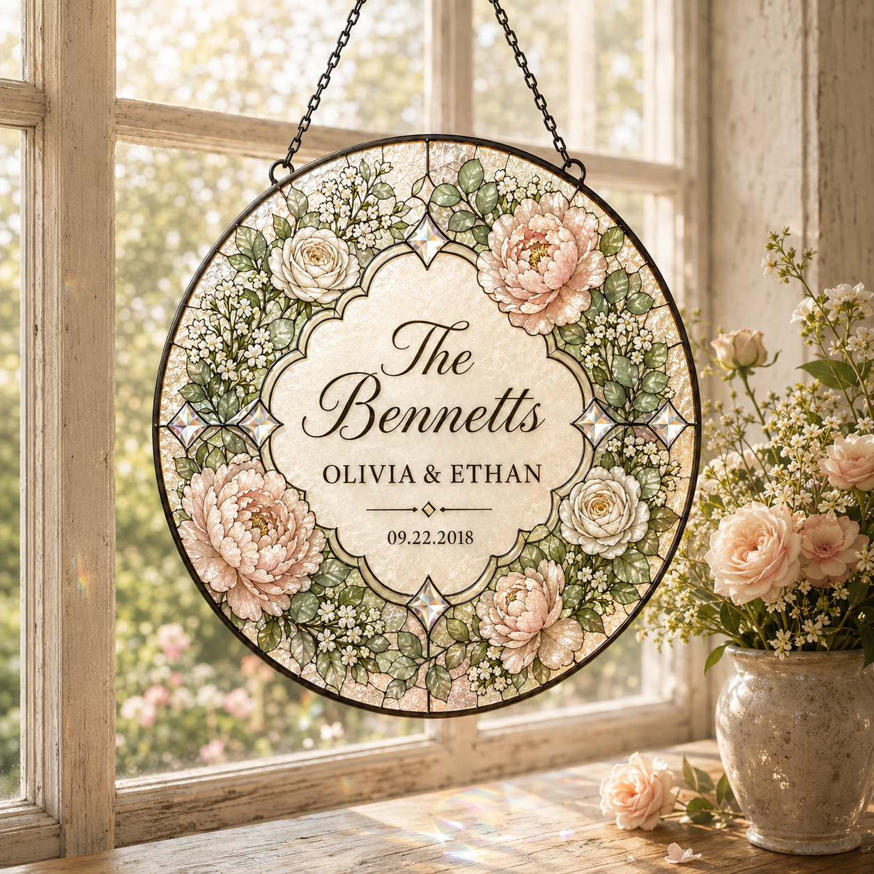 Personalized Last Name Stained Glass Suncatcher, Custom Couple Names and Wedding Date, Floral Anniversary Gift, Wedding Window Decor