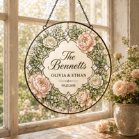 Personalized Last Name Stained Glass Suncatcher, Custom Couple Names and Wedding Date, Floral Anniversary Gift, Wedding Window Decor