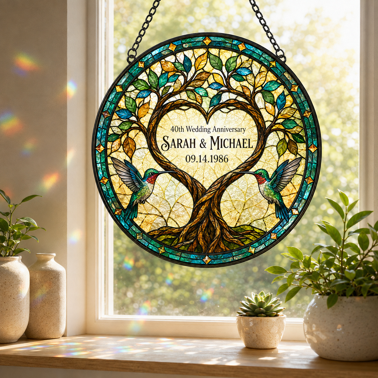 Personalized Wedding Anniversary Tree of Life Hummingbird Stained Glass Suncatcher, Custom Couple Names Date