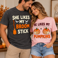 She Likes My Broomstick Shirt He Likes My Pumpkins Shirt Funny Halloween Couples Outfit Spooky Season Matching T-shirts Risqué Adult Humor