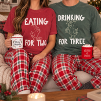Funny Christmas Pregnancy Couple Shirts for Expecting Parents, Eating for Two Drinking for Three Matching Tees, Holiday Baby Announcement Gift