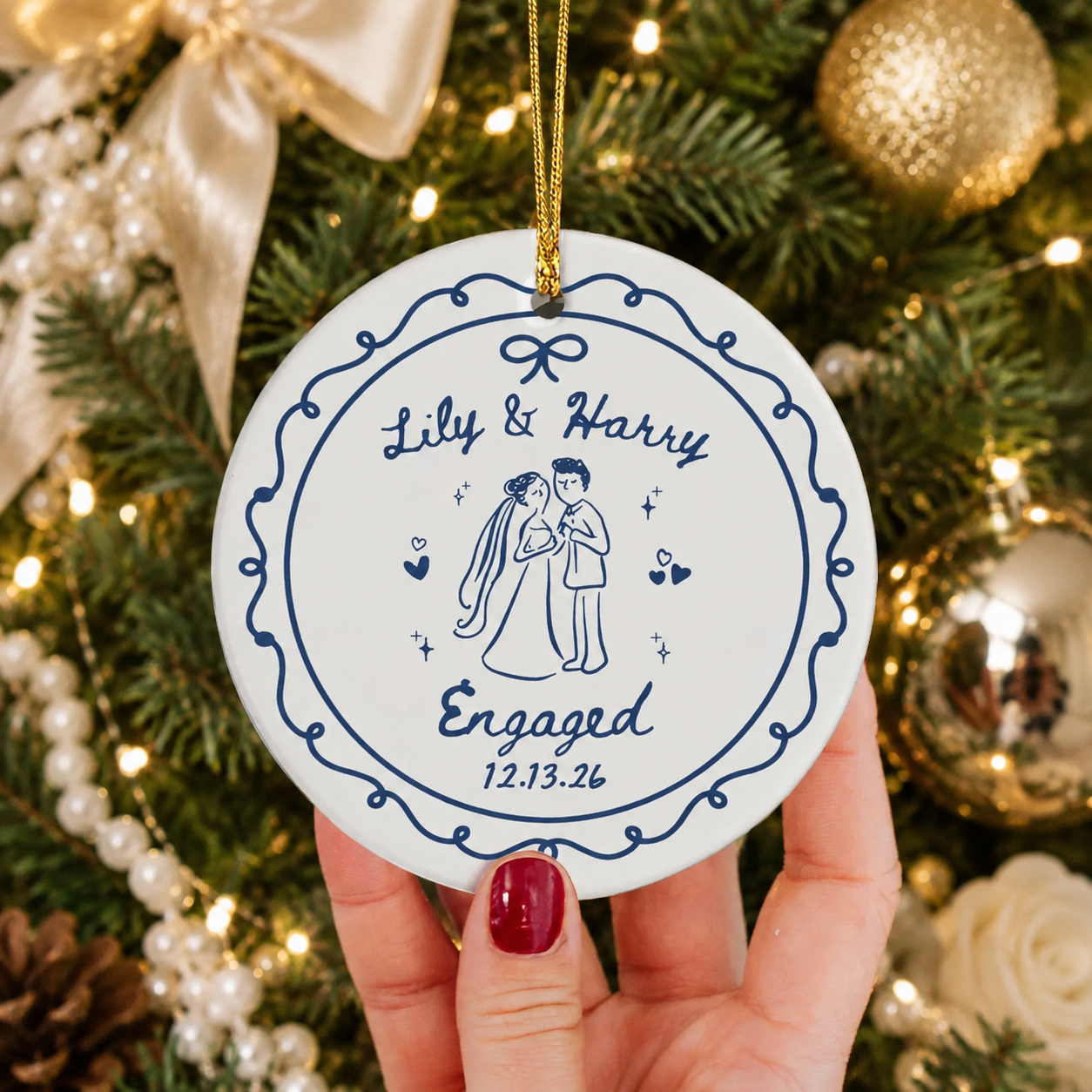 Personalized Engagement Ceramic Ornament for Couples, Custom Names & Date Keepsake, Wedding Gift for Bride & Groom