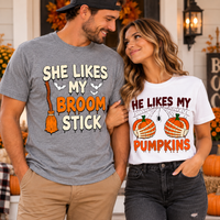 She Likes My Broomstick Shirt He Likes My Pumpkins Shirt Funny Halloween Couples Outfit Spooky Season Matching T-shirts Risqué Adult Humor