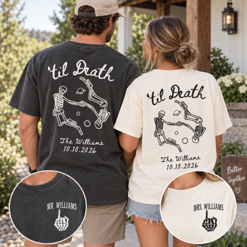 Personalized Til Death Skeleton Couple Shirts, Custom Mr & Mrs Wedding Tees, Last Name & Date Newlywed Shirts, Gothic Wedding Gift