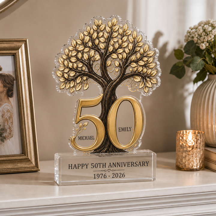 Personalized Tree of Life Acrylic Plaque Keepsake for 50th Anniversary, Custom Couple Names & Years Golden Wedding Anniversary Gift for Parents Grandparents