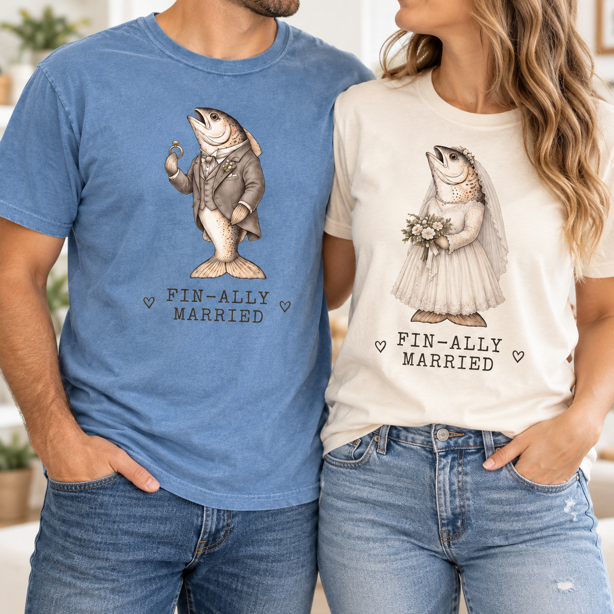 FIN-ALLY MARRIED bride and groom fish matching Comfort Colors tees