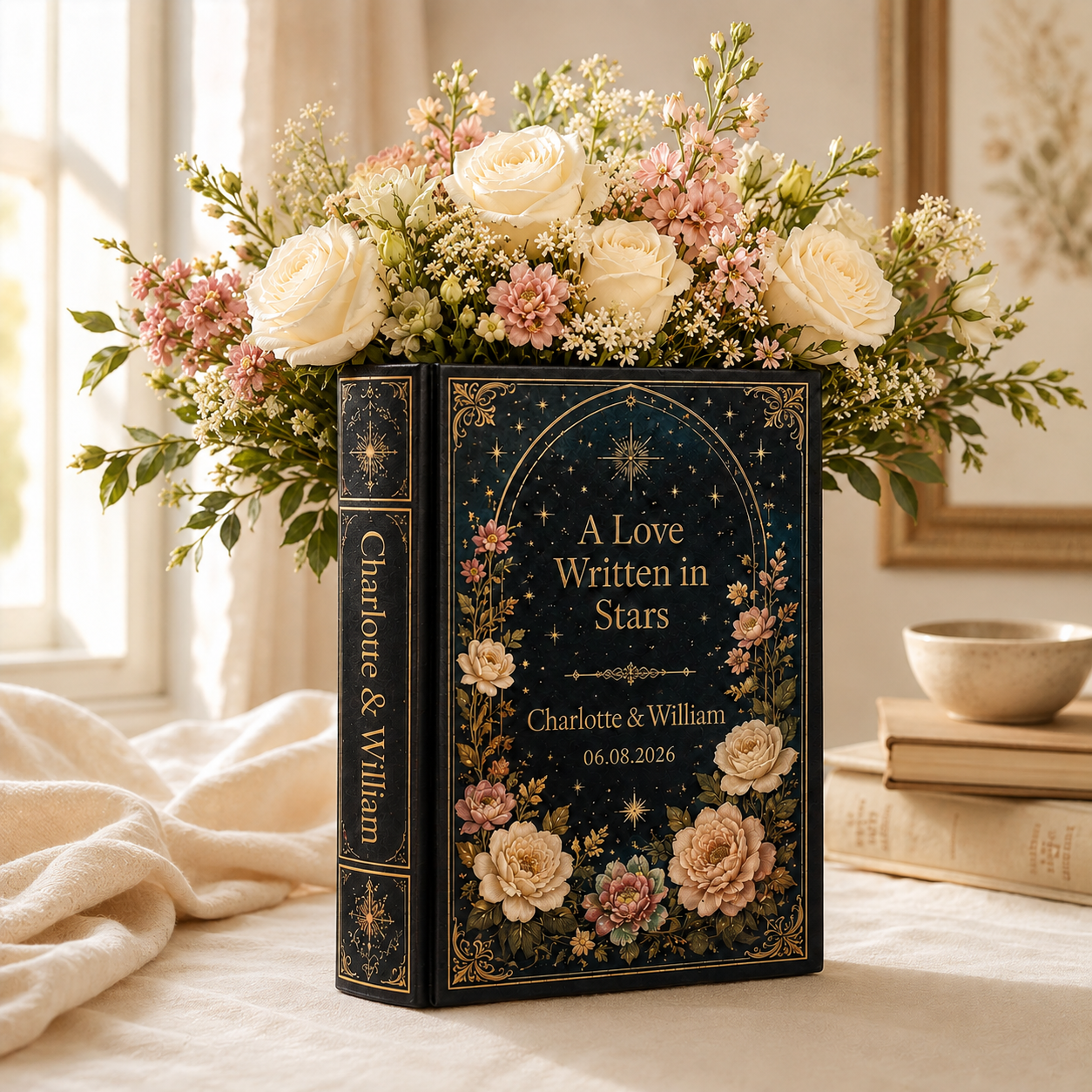 Custom Wedding Book Vase, Personalized Couple Name Flower Vase, Gothic Floral Ceramic Book Vase